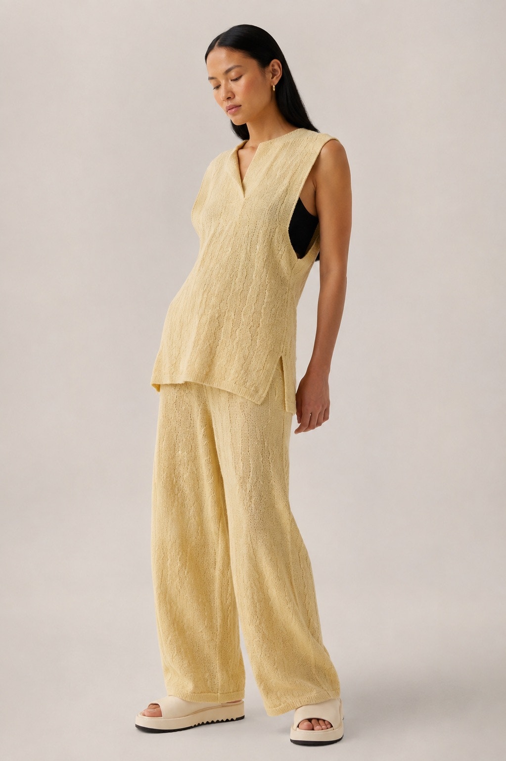 Rus Tofu Pant Natilla Butter Yellow Textured Knit Wide Leg Pants M